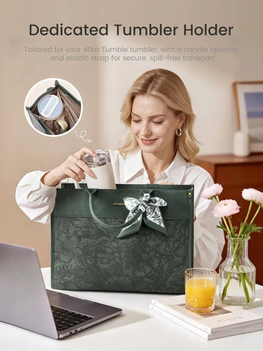 Vintage Laptop Tote Bag for Women | Waterproof Work Bag with Cup Holder & Scarf